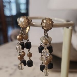 Vintage | SAC Faux Pearl | Crystal | Dangle Clip On Earrings